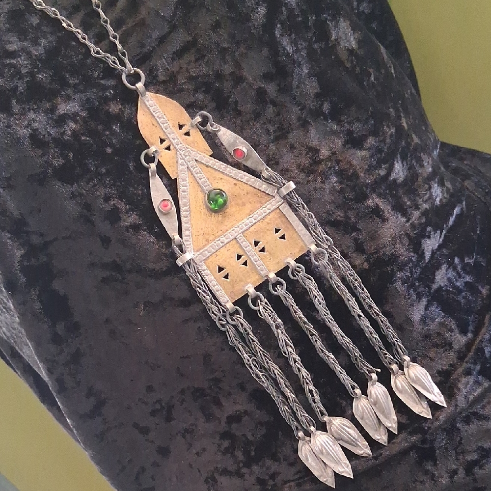 Tekke Turkman 1800's Gold Wash Pendant Necklace with Green and Red Stone & Glass
